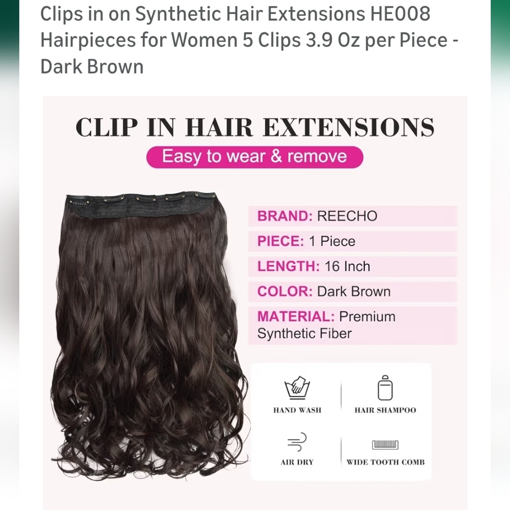 2 Dark Brown Synthetic Clip-in Extensions 16"